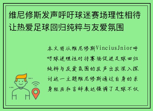 维尼修斯发声呼吁球迷赛场理性相待让热爱足球回归纯粹与友爱氛围 维尼修斯发声呼吁球迷赛场理性相待让热爱足球回归纯粹与友爱氛围